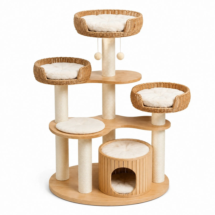 Arbre à chat 80 x 60 x 155 cm en bois beige avec poteaux en sisal et niches tressées