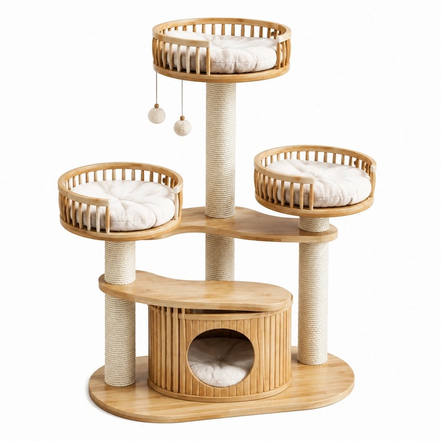 Arbre à chat 90 x 60 x 150 cm en bambou beige avec griffoirs et plateformes