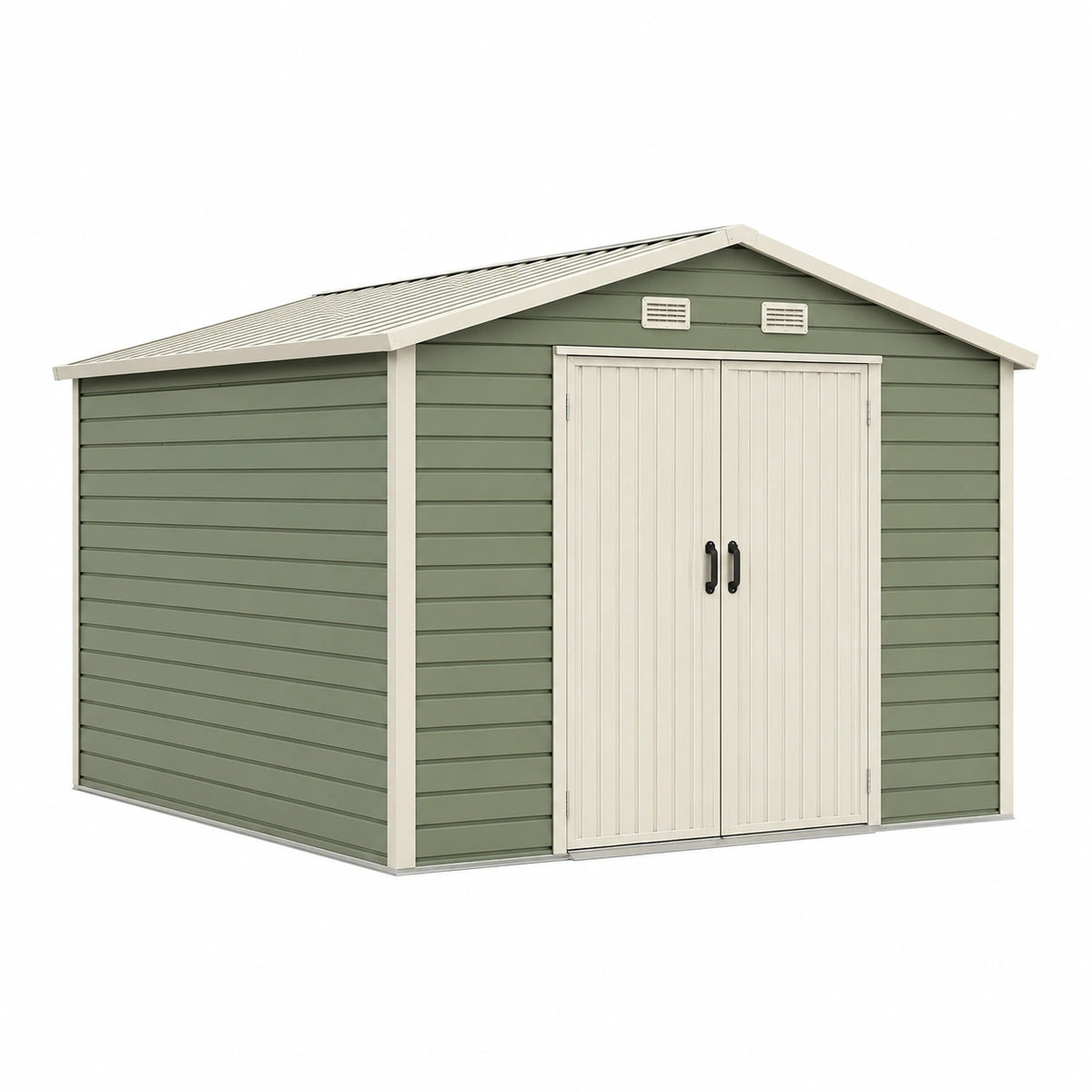 Abri de jardin 238 x 191 x 195 cm en acier vert et crème avec portes doubles ventilées