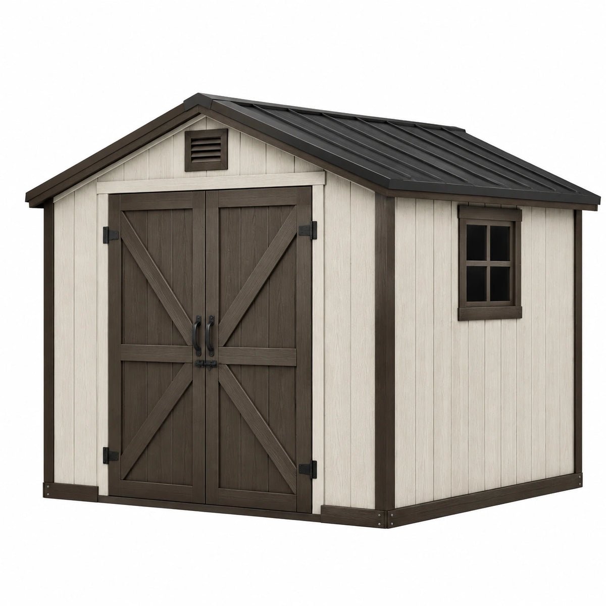 Abri de jardin 213 x 191 x 202 cm en résine beige et brun avec double porte et fenêtre