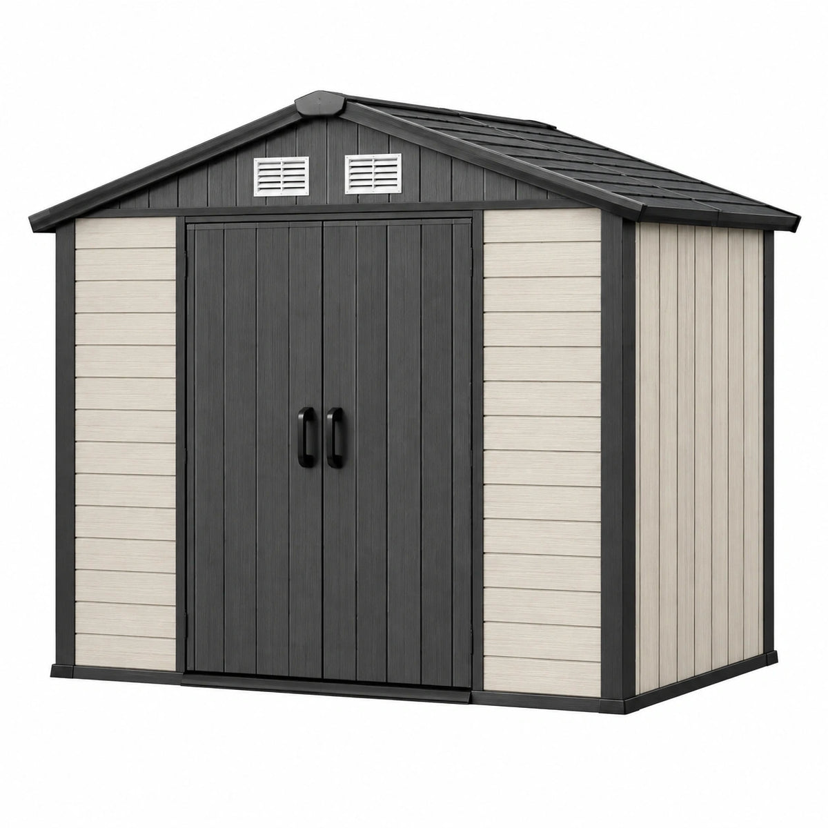 Abri de jardin 226 x 185 x 200 cm en plastique gris et beige avec double porte ventilée