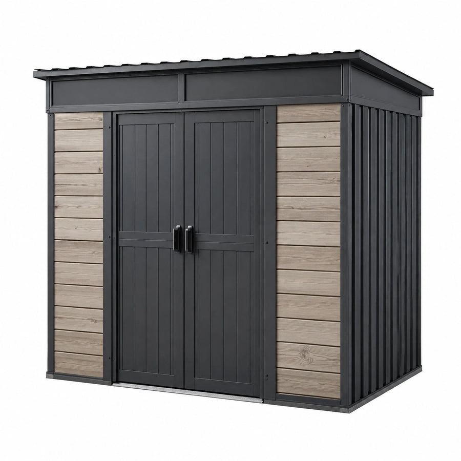 Abri de jardin 200 x 120 x 190 cm en acier noir et bois clair pour rangement extérieur à double porte