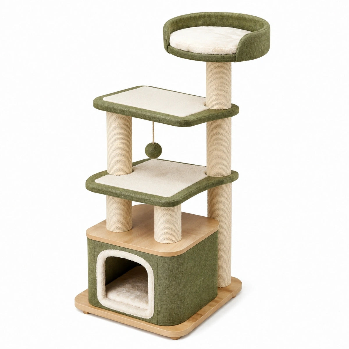 Arbre à chat 60 x 50 x 140 cm vert et blanc en tissu avec poteaux en sisal - plateformes et niche