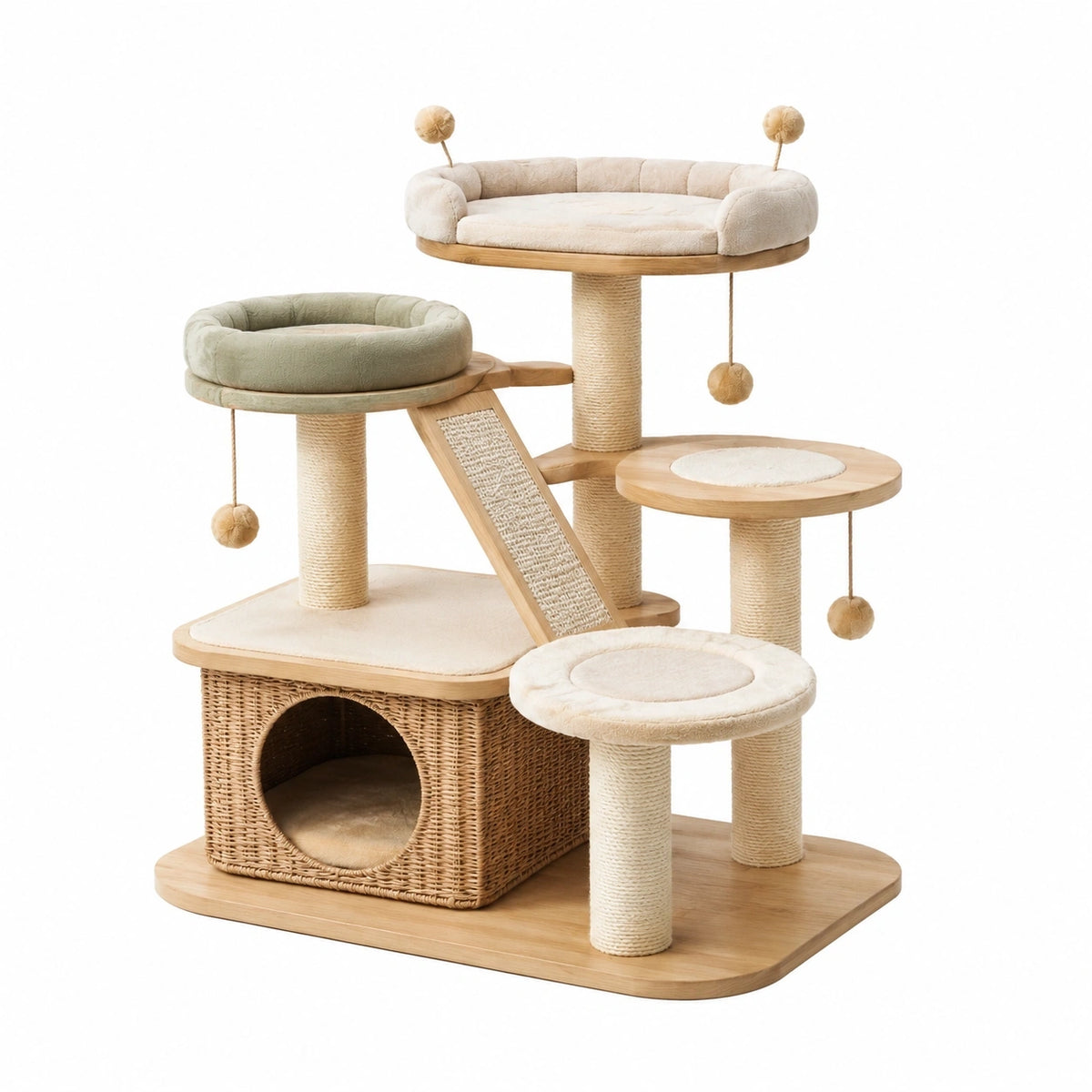 Arbre à chat 100 x 60 x 120 cm en bois beige et vert avec griffoirs plateformes et niche