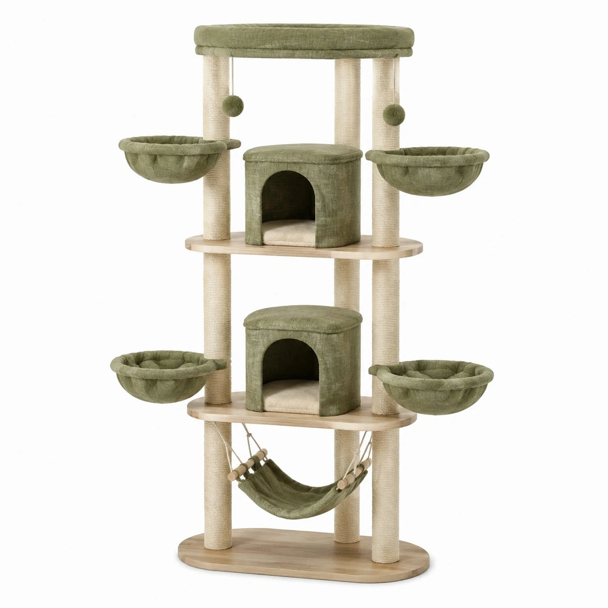 Arbre à chat 80 x 60 x 170 cm vert en bois sisal et tissu avec niches hamac et plateformes
