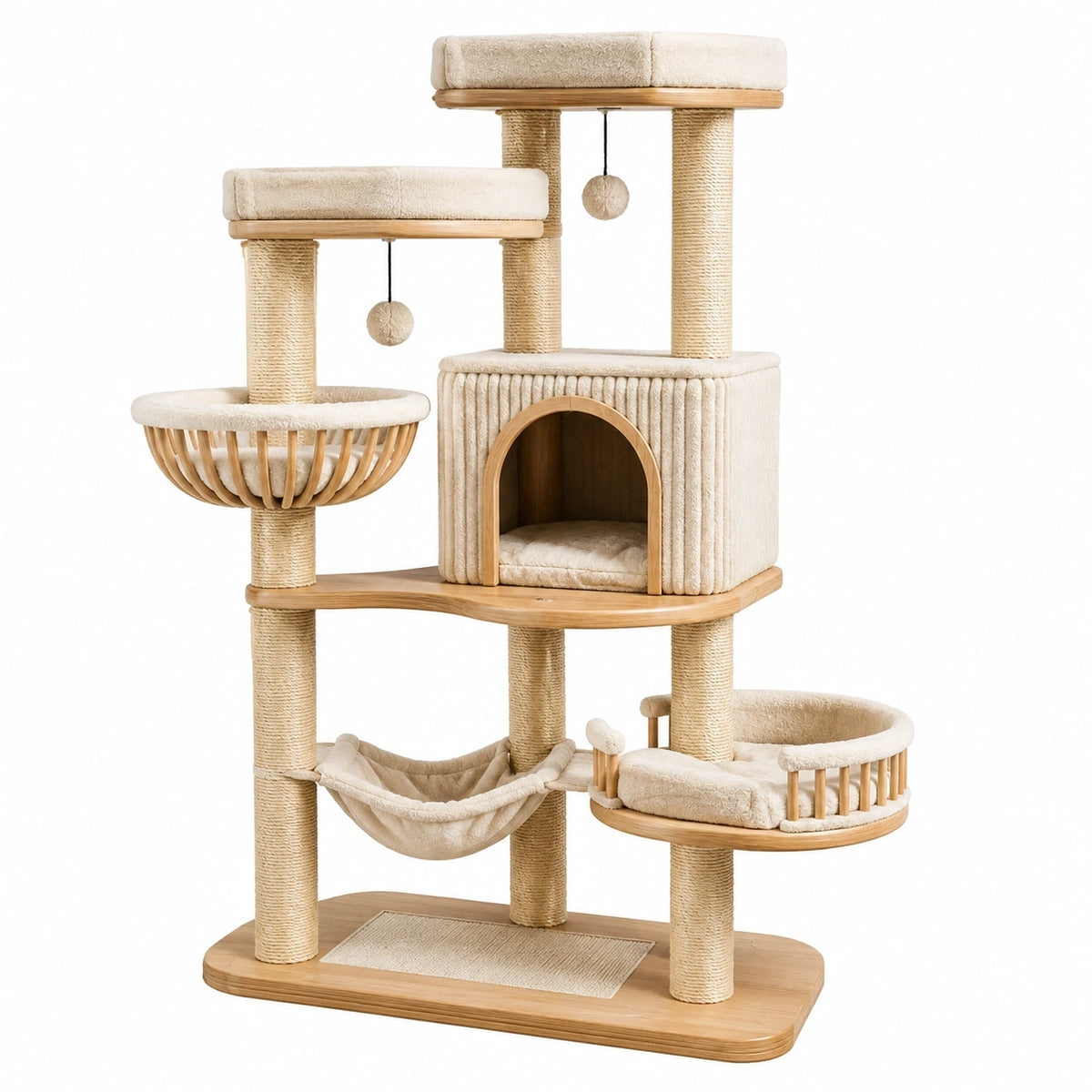 Arbre à chat 90 x 60 x 170 cm en bois beige avec griffoirs niches et hamac