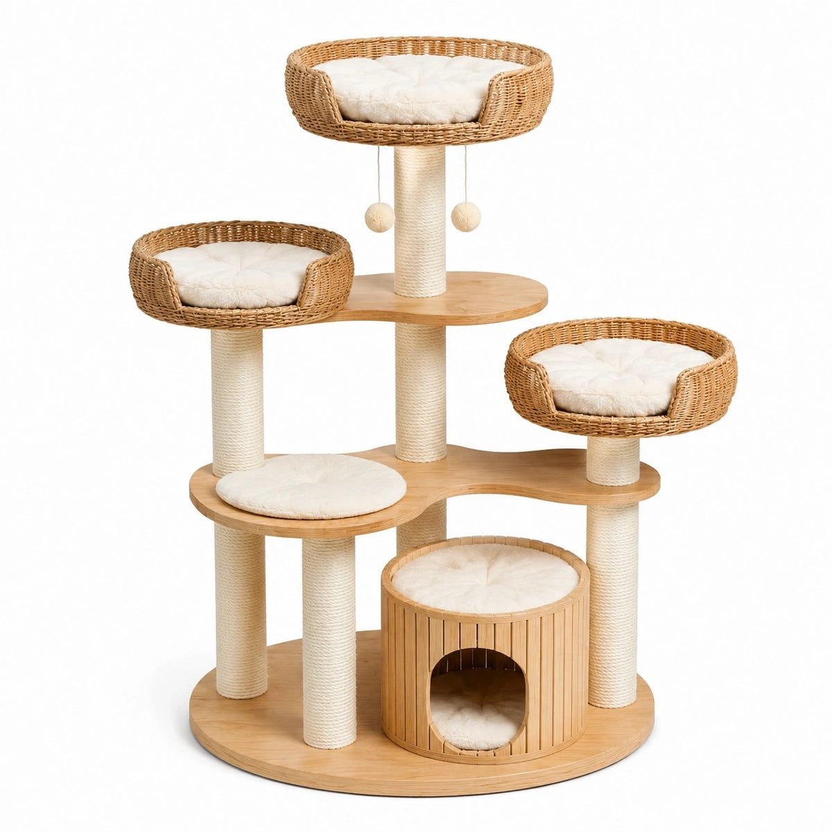 Arbre à chat 80 x 60 x 155 cm en bois beige avec poteaux en sisal et niches tressées