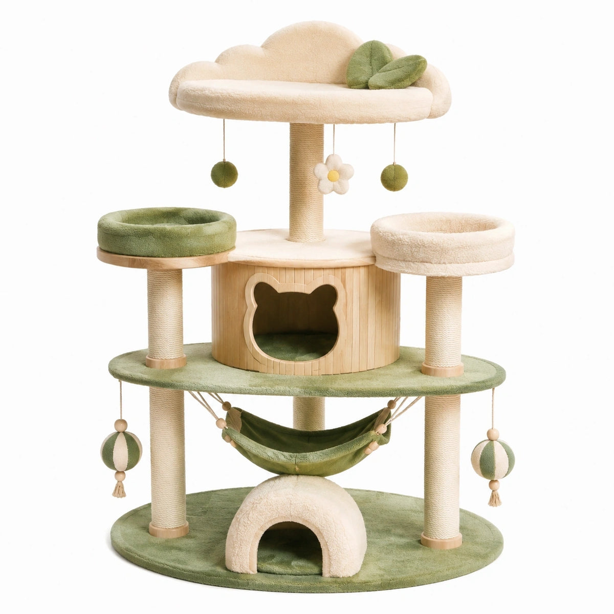 Arbre à chat 80 x 50 x 145 cm en bois beige et vert avec griffoirs plateformes hamac et niches
