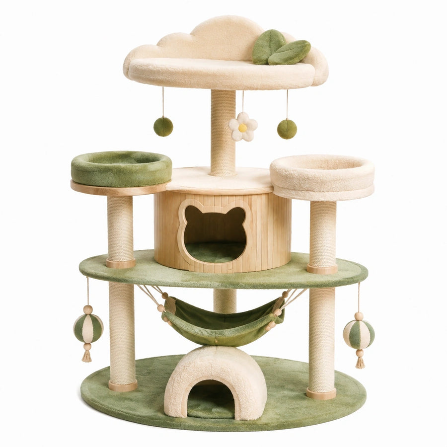 Arbre à chat 80 x 50 x 145 cm en bois beige et vert avec griffoirs plateformes hamac et niches