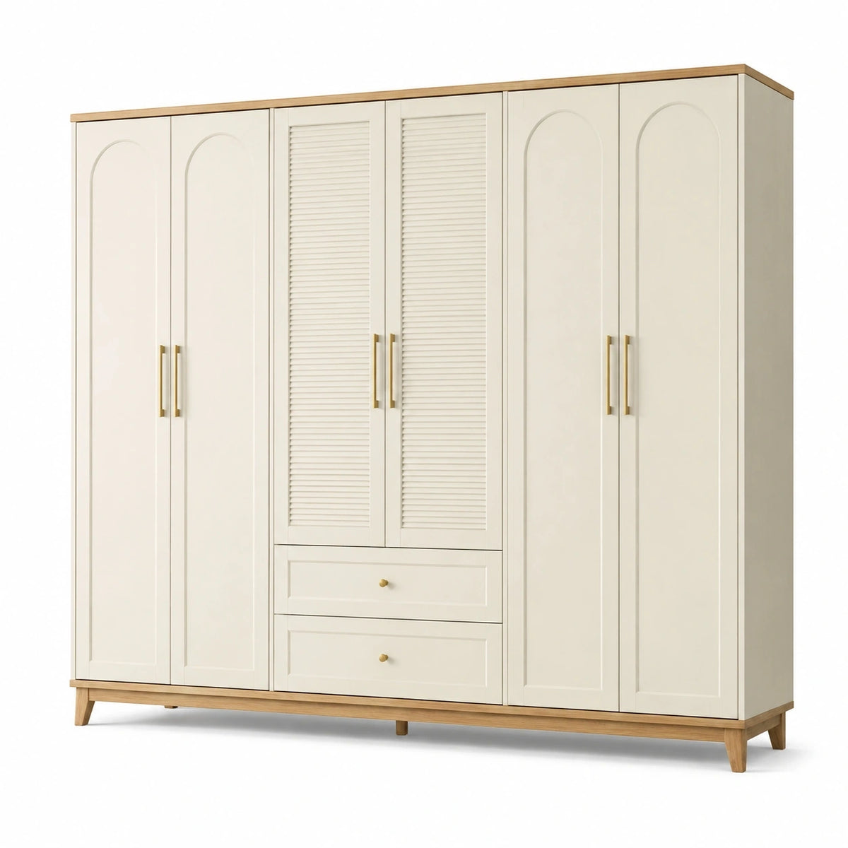 Armoire 240 x 60 x 200 cm en panneaux de bois crème et bois naturel avec portes battantes et tiroirs