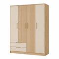 Armoire 160 x 52 x 200 cm en panneaux de bois beige et bois clair à 4 portes avec 2 tiroirs
