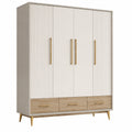 Armoire 4 portes 160x55x200 cm en panneaux de bois blanc et chêne clair avec tiroirs style contemporain
