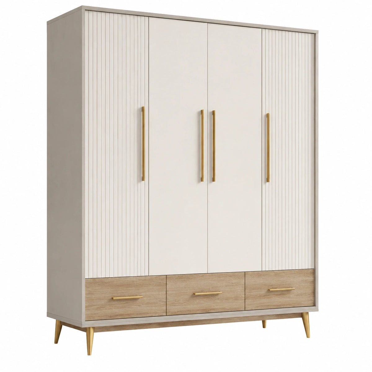 Armoire 4 portes 160x55x200 cm en panneaux de bois blanc et chêne clair avec tiroirs style contemporain