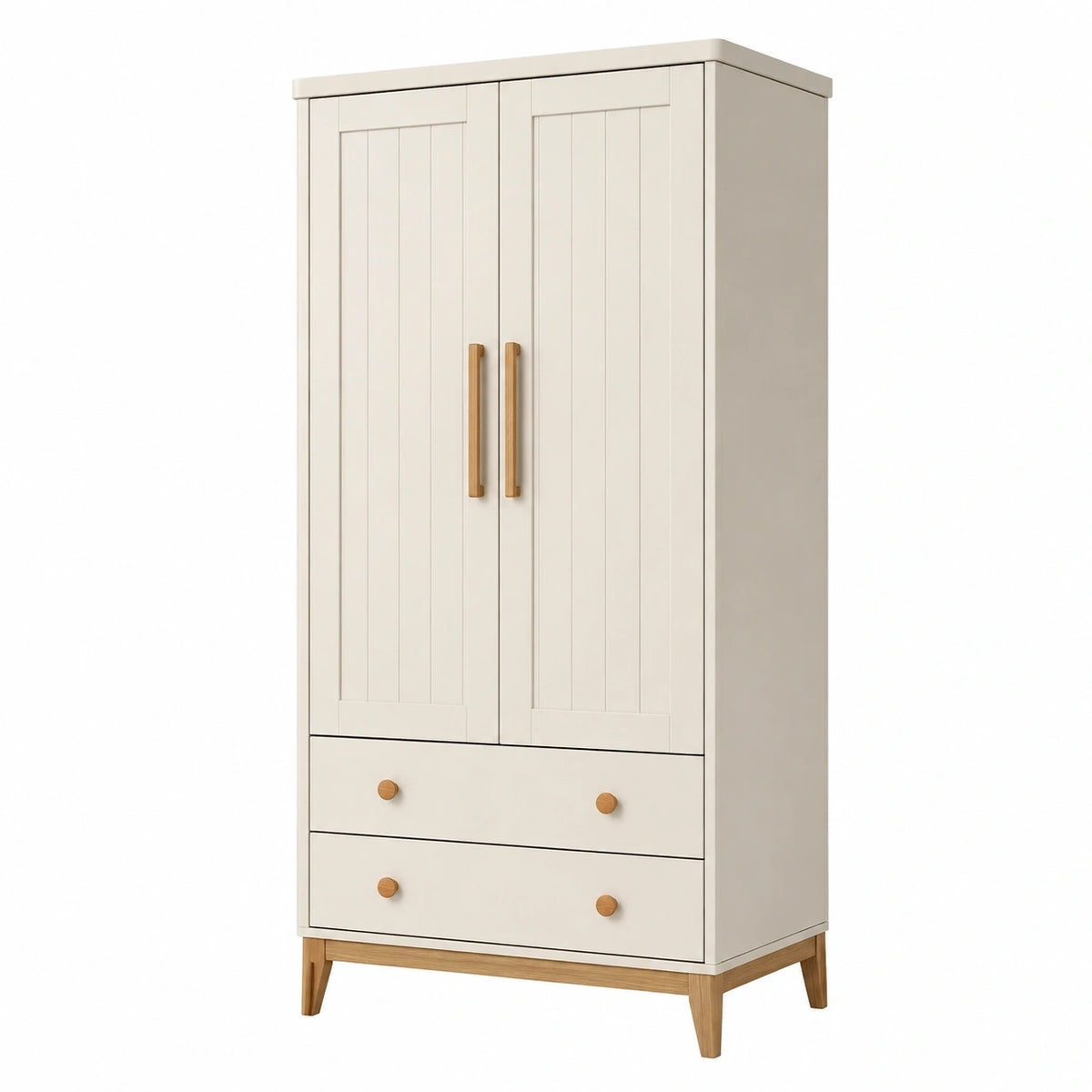 Armoire de rangement 100 x 55 x 190 cm en bois blanc et naturel avec 2 portes et 2 tiroirs