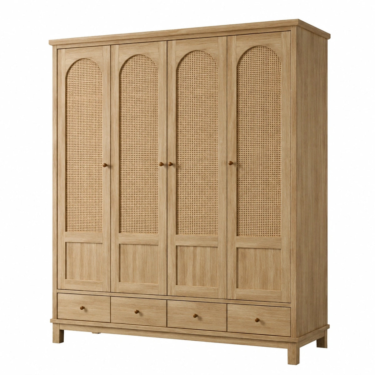 Armoire 200x60x220 cm en bois naturel et rotin tressé à 4 portes et 4 tiroirs