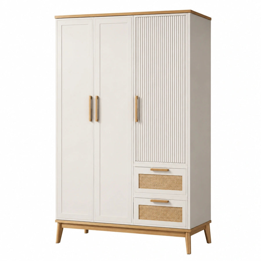 Armoire de rangement 120 x 55 x 190 cm en bois blanc et naturel avec 3 portes 2 tiroirs style scandinave