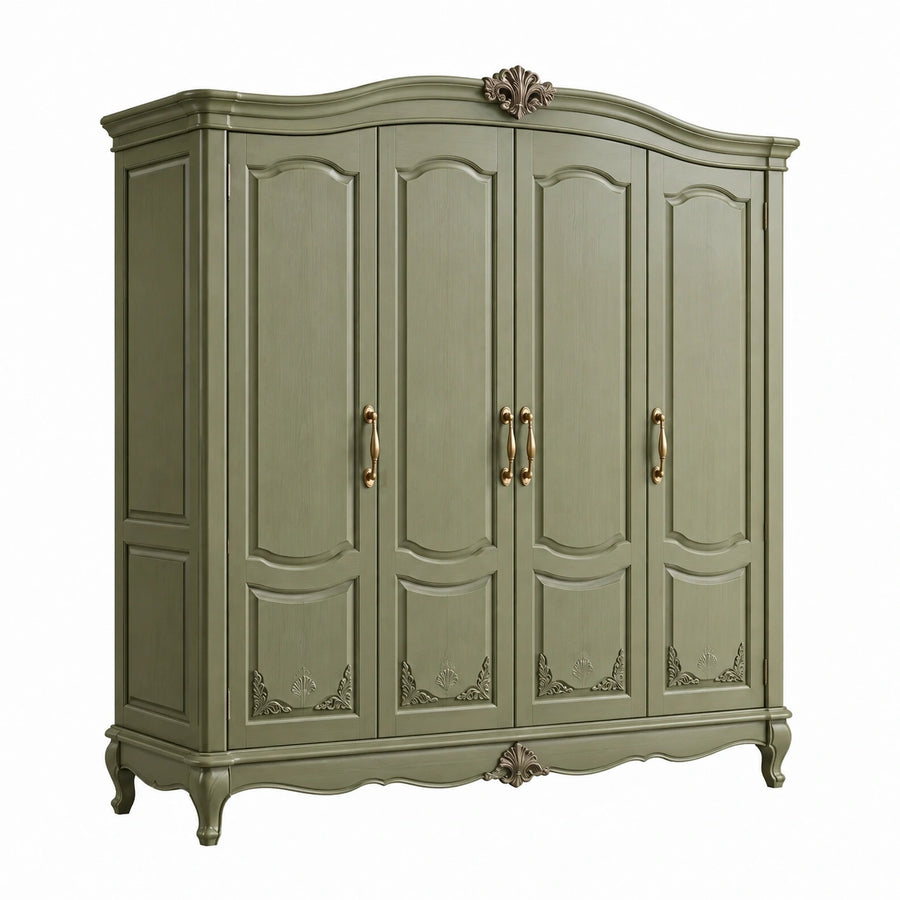 Armoire 4 portes 240 x 60 x 220 cm en bois vert sauge style classique pour rangement chambre