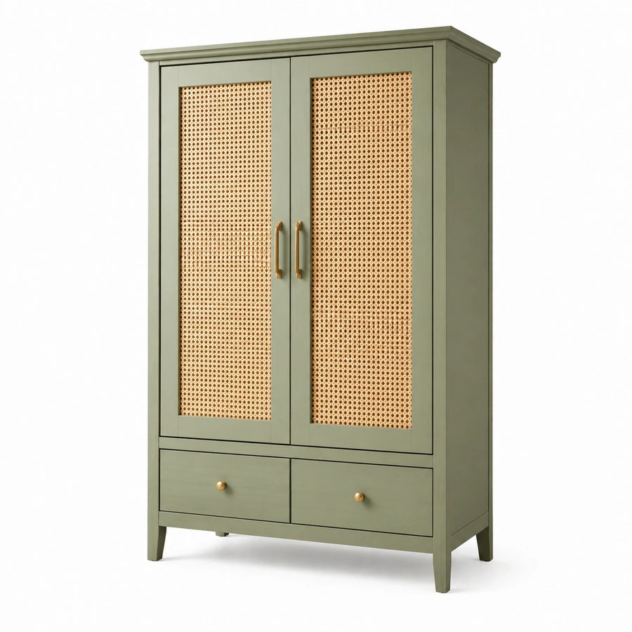 Armoire de rangement 100 x 50 x 190 cm en bois vert olive et cannage style naturel avec tiroirs