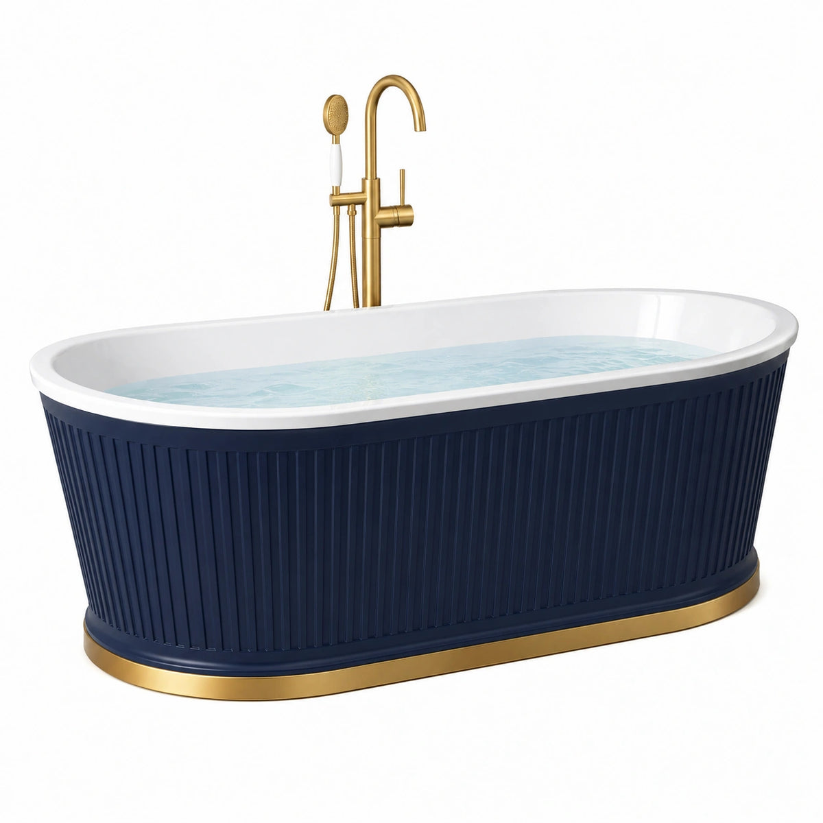 Baignoire îlot 170 cm en acrylique blanc bleu marine avec robinetterie dorée style classique